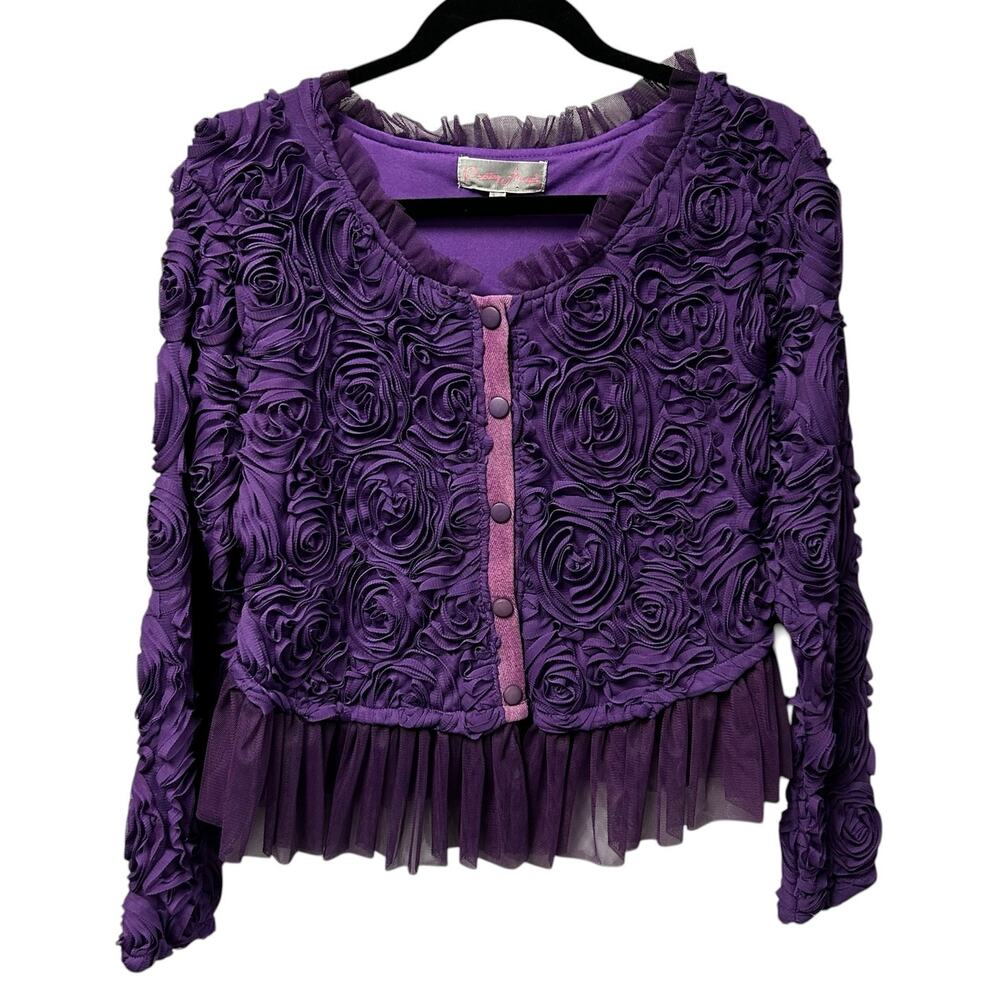 Pretty Angel Purple Rose Tulle Trim Button Up Cardigan Jacket Womens Medium